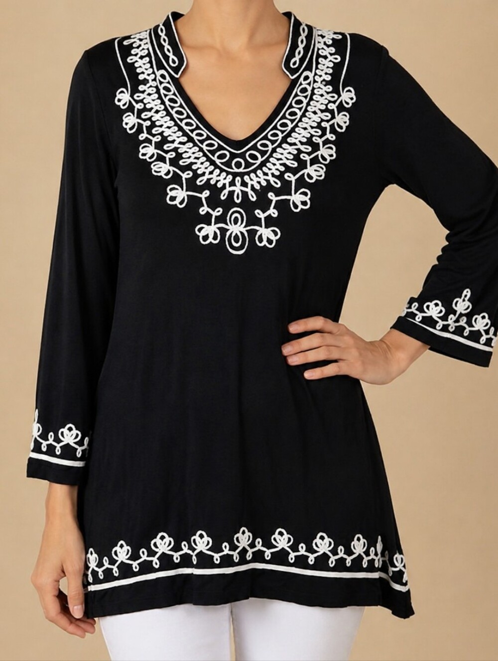 V Christina XL Black Embroidered Tunic Top V-Neck Boho Long Sleeve Statement